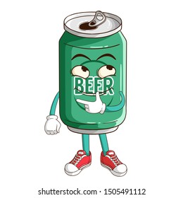 Thinking beer can cartoon character with funny smile face