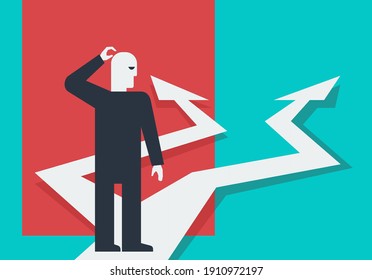 Thinking Before Important Choice - Crossroads And Character In Abstract Art Style - Correct Decision Choosing. Vector Illustration For Business Concept Or Political Voting