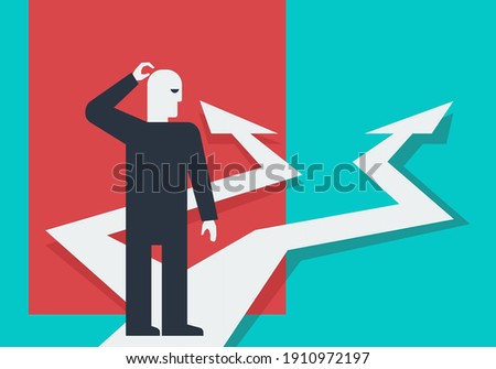 Thinking before important choice - crossroads and character in abstract art style - correct decision choosing. vector illustration for business concept or political voting