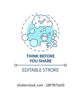 Thinking before sharing concept icon. Fake news checking tip idea thin line illustration. Making sensible judgement. Analyzing information. Vector isolated outline RGB color drawing. Editable stroke