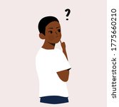 thinking black man with question mark vector illustration Male confusing. Portrait of thoughtful boy. smart men thinking or solving problem Pensive surrounded by thought bubbles Young african american