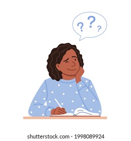 Thinking black woman with pen writes a diary or calendar notes. Flat thoughtful young girl portrait. Smiling cartoon dreaming person with question bubble. Making choice, solution vector illustration.