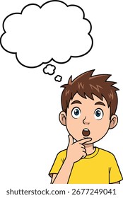 Thinking boy cartoon character, empty thought bubble, emotional expression, flat vector art, isolated on white, cad drawing flat vector illustration