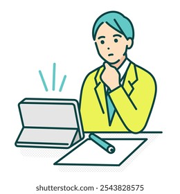 Thinking boy. Illustration of a high school boy in uniform studying on a tablet.