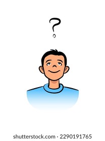 Thinking boy, problem solving, cartoon sketch simple illustration. A smiling hopeful enthusiastic young guy looking up at a question mark, representing a problem. Modern hand drawn trendy design