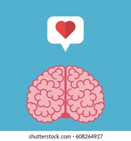 Thinking brain with heart in speech bubble isolated on blue background. Emotion, intelligence, love and creativity concept. Flat design. Vector illustration. EPS 8, no transparency