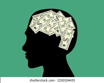 Thinking Brain Money Mind, concept showing a head, brain thinking about money