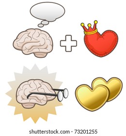 A thinking brain plus a king of hearts and a nerds brain and golden hearts.