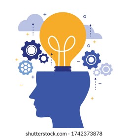 thinking brainstorming head symbol. creative with ideas of thought and analytics. Light bulb working concept. vector illustration modern in flat design. isolated on white background.