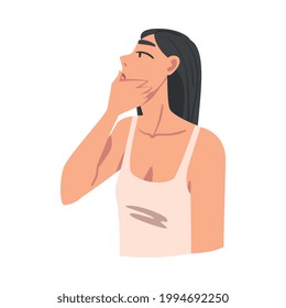 Thinking Brunette Girl, Portrait of Thoughtful Person with Curious Face Expression, Young Woman Solving Problem Cartoon Vector Illustration