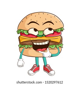 Thinking burger cartoon character with funny smile face