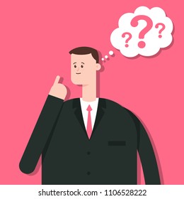 Thinking business man character. Vector flat cartoon illustration of a male with a question mark and speech bubble isolated on background.