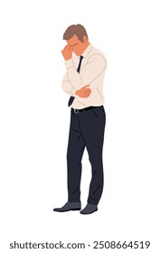 Hombre de negocios pensante. Hombre confundido en dudas, resolviendo algunos problemas serios. Personaje masculino pensativo desconcertado con pose reflexiva. Ilustración plana de Vector aislada sobre fondo blanco.