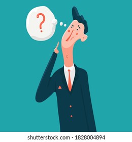 Pensar en un hombre de negocios con un personaje de dibujos animados vectores con signo de interrogación aislado en segundo plano.