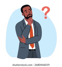 Denkender Geschäftsmann mit Fragezeichen isoliert. Cartoon-Illustration im flachen Vektorformat