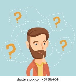 Thinking business man standing under question marks. Young caucasian hipster business man thinking. Thinking business man surrounded by question marks. Vector flat design illustration. Square layout.