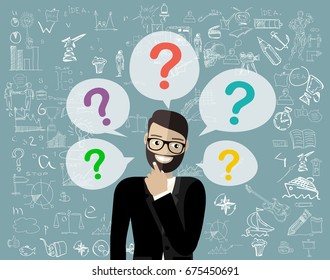 Thinking business man standing under question marks. Young caucasian hipster business man thinking. Thinking business man surrounded by question marks. Vector flat design illustration.