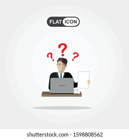 Thinking business man under question marks. Young caucasian business man thinking in offece. Thinking business woman surrounded by question marks. Vector flat design illustration.