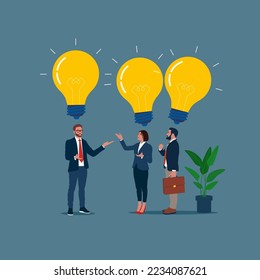 Thinking business people office workers team up share lightbulb lamp business idea. Flat modern vector illustration.