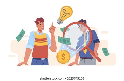 Thinking business people searching and finding solution with magnifier glass and light bulb isolated flat cartoon characters. Vector puzzled investors brainstorming, choosing new solutions, investment