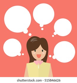 Thinking business woman with a lot of bubbles. Vector illustration