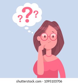 Thinking business woman character. Vector cartoon illustration of a female with a question mark isolated on white background.