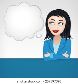 thinking business woman with cloud as blank template vector illustration ready for text addition 
