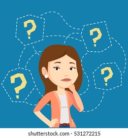 Thinking business woman standing under question marks. Young caucasian business woman thinking. Thinking business woman surrounded by question marks. Vector flat design illustration. Square layout.