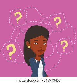 Thinking business woman standing under question marks. Young african-american business woman thinking. Thinking woman surrounded by question marks. Vector flat design illustration. Square layout.