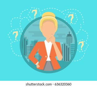 Thinking business woman standing under question marks. Young caucasian business woman thinking. Thinking business woman surrounded by question marks. Vector flat design illustration. Square layout.