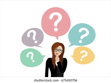 Thinking business woman standing under question marks. Young caucasian business woman thinking. Thinking business woman surrounded by question marks. Vector flat design illustration.