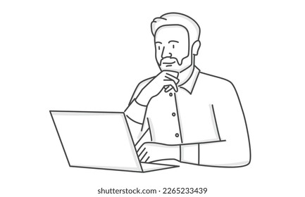 Thinking businessman with beard during work with personal computer laptop. Hand drawn vector illustration.
