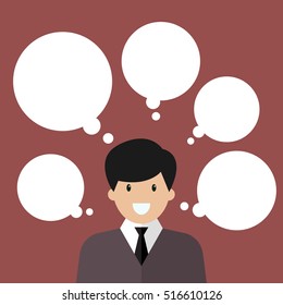 Thinking businessman with a lot of bubbles. Vector illustration