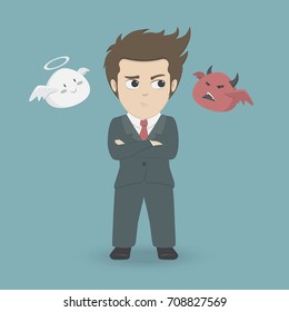 Thinking businessman choosing between devil or angel.Vector illustration cartoon of business conscience concept.