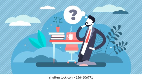 Thinking businessman concept, flat tiny person vector illustration. Mental work on strategy, vision, future plans and decision making. Curiously caching idea and inspiration in office room near desk.