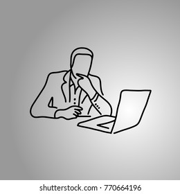 thinking businessman at the front of computer laptop notebook vector illustration doodle sketch hand drawn with black lines isolated on gray background. Motivation business concept. 