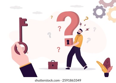 Thinking businessman, heavy pressure and workload. Worker man, employee carry giant question mark. Hand of colleague or teacher gives key to success or solving problem. Hard business solution. vector