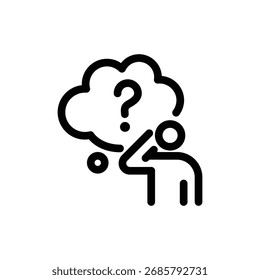 Hombre de negocios pensante y su signo de interrogación en el diseño del Vector del contorno del chat de la burbuja Bueno para el Web o el App móvil
