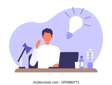 Thinking businessman and light bulb sign. Problem solving concepts. Vector illustration of solution.