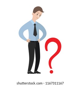 Thinking businessman looking at question. Cartoon vector illustration. Flat style
