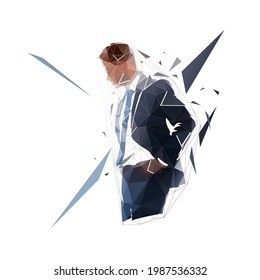 Thinking businessman, low polygonal vector illustration. Isolated geometric illustration. Man in suit with hands in pockets, side view