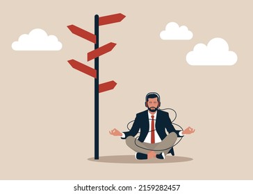 Thinking businessman meditating front of crossroad and selecting the best solution. Possibilities for business concept. Vector colorful flat illustration.