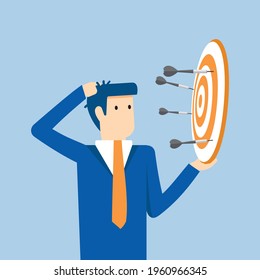 Thinking businessman miss from a target, Vector illustration in flat style