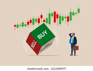 Thinking businessman on graph. Rolling dice with buy or sell, crypto currency, investment decision in volatile stock market. Flat vector illustration.