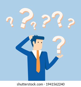 Thinking businessman with question mark, Vector illustration in flat style