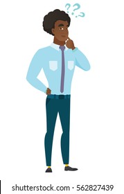 Thinking businessman with question marks. Thoughtful businessman with question marks. Businessman looking at question marks above his head. Vector flat design illustration isolated on white background
