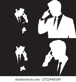 «Thinking Businessman Silhouette Vector – Four White Figures in Suits with Hand-to-Temple Gesture»