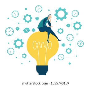 Thinking businessman sits on the light bulb and generating ideas. Concept illustration  