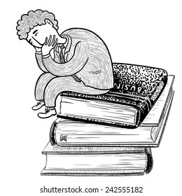 Thinking businessman sitting on books, doodle version