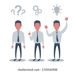 Pensando. Empresario resolviendo un problema de concepto de negocio. Ilustración de stock para afiche, tarjeta de saludo, sitio web, anuncio, presentación comercial, diseño de publicidad. Ilustración vectorial plana de material.